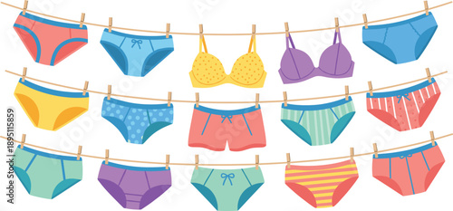 Colorful Underwear Hanging on Clothesline Laundry Illustration Flat Vector Set