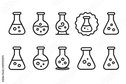 Science laboratory outline icon set. Chemistry, experiments, physics line symbols.