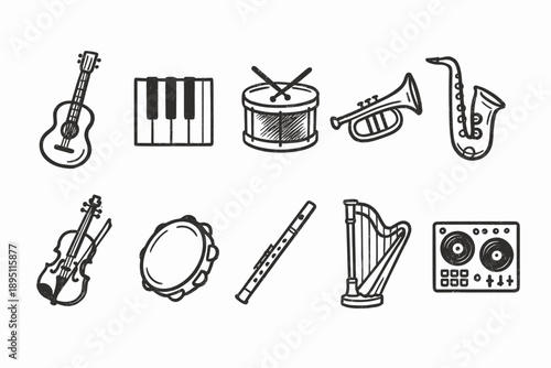 Music and instruments outline icon set. Guitar, piano, drums, brass, strings collection