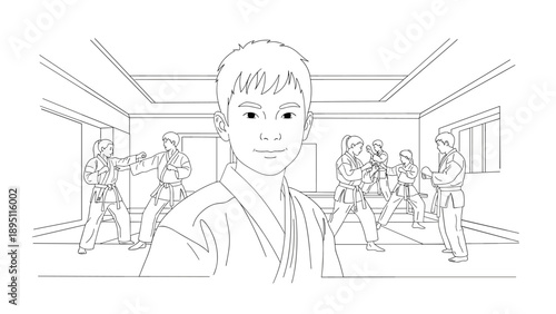 Line art of martial arts training class with focused young student