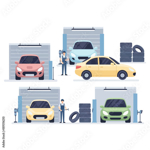 Car Service Station: Mechanics Repairing Vehicles in Garage Bays