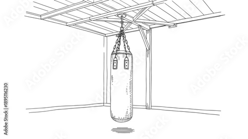 Minimalist line art of hanging punching bag in industrial gym interior