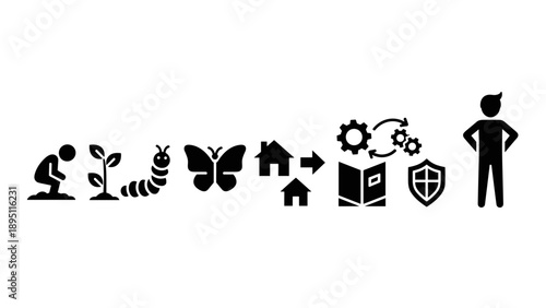 Conceptual growth journey: from seedling to empowerment in silhouette icons