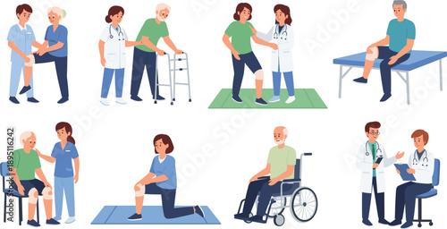 Elderly Rehabilitation and Physiotherapy Care Scenes with Doctors Nurses and Patients Flat Vector Set
