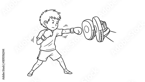 Cartoon boy practicing boxing with punch mitts line art