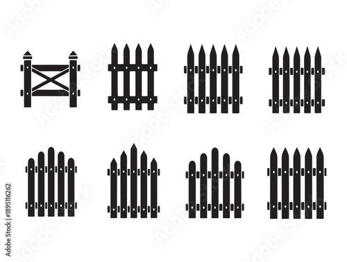 Black and white silhouette set of various picket fence designs on a white background