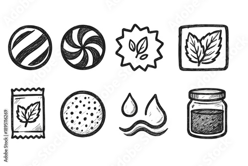 Hand-drawn organic food outline icon set: natural ingredients and packaging