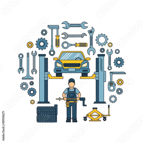 Car Mechanic Workshop with Tools, Car Lift, and Automotive Equipment