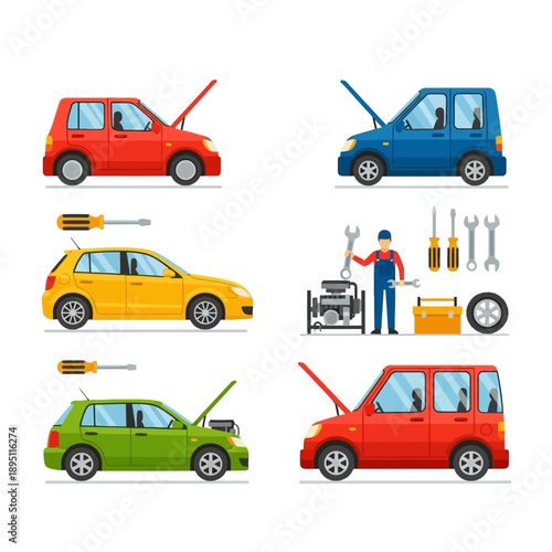 Car Repair Service Concept: Mechanics, Tools and Vehicles Illustration