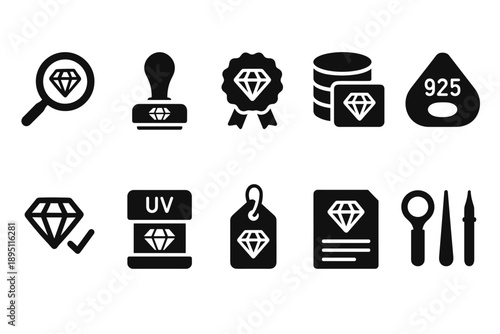 Jewelry solid icon set. Gemstones, certification, diamond, jewelry craft icons collection