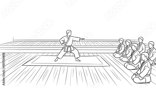 Karate class training session with sensei demonstrating moves on wooden dojo floor