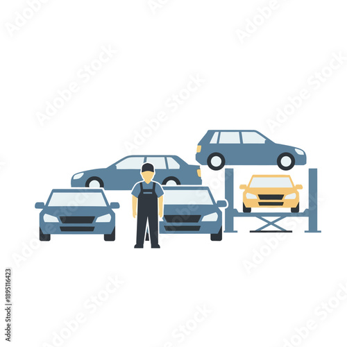 Auto Mechanic with Cars in Service Bay, Garage Workshop Flat Illustration
