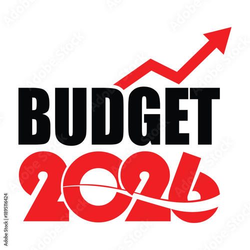 Modern 2026 Budget graphic featuring bold black typography with a red upward growth arrow inside the zero, set against a vibrant red banner. Ideal for financial planning and annual fiscal reviews.