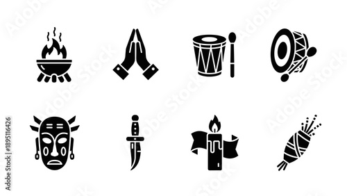Traditional ritual symbols in silhouette style with cultural elements