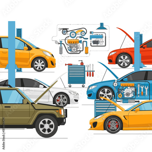 Automotive Repair Shop with Cars on Lifts and Engine Diagram
