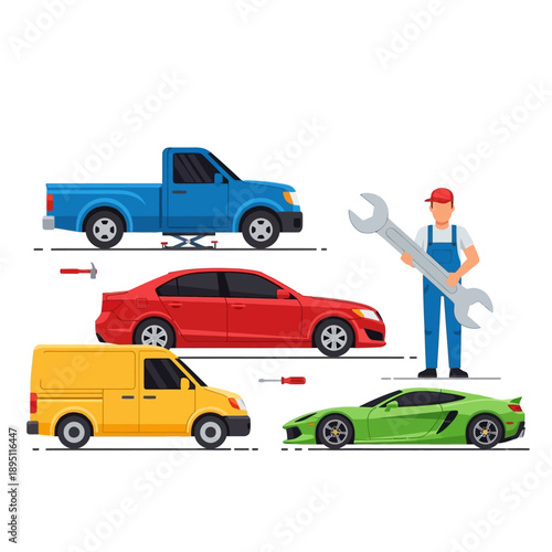Mechanic With Tools And Cars, Vehicle Repair Service, Auto Workshop Flat Design