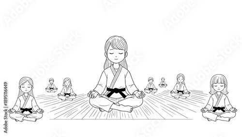 Children meditating in martial arts attire: peaceful mindfulness scene in black and white outline