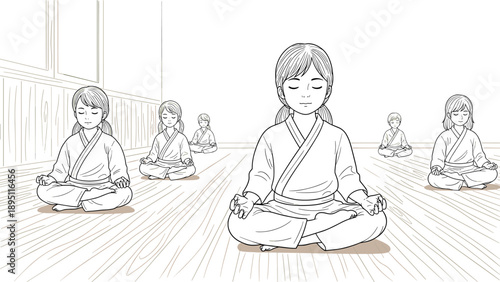 Mindful kids meditating in yoga class with zen focus in linear style illustration
