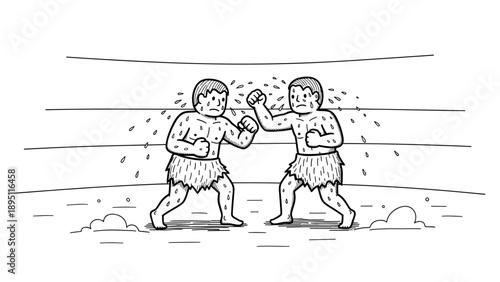 Caveman boxing match in linear style with two fighters in arena