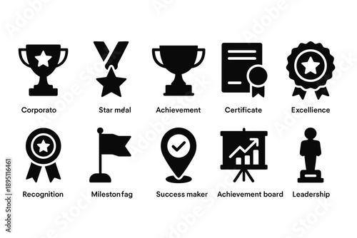 Achievement and leadership solid icon set for awards and recognition