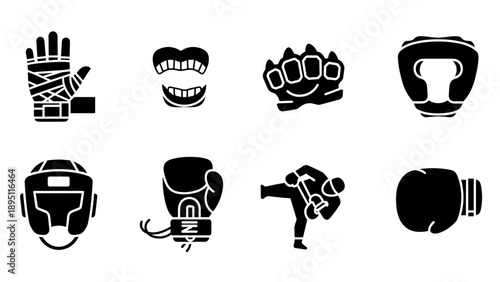 Silhouette icons of boxing gear and mixed martial arts equipment