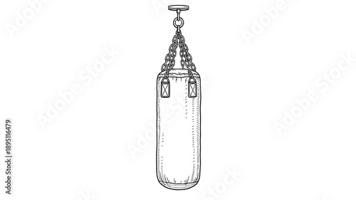 Classic boxing heavy bag hanging from chains in black and white line art style