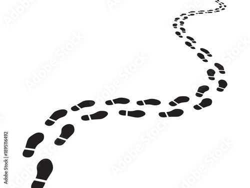 A winding trail of dark footprints leads the eye across a bright white background creating a sense of direction