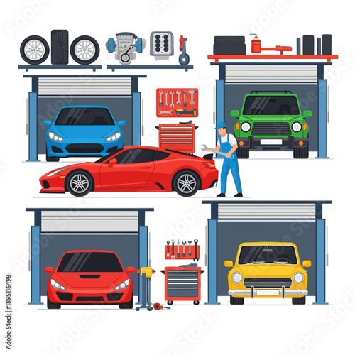 Car Repair Garage with Mechanics and Sports Cars