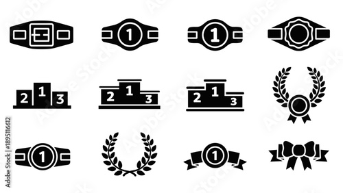 Champion icons set: trophies, belts, and awards in bold silhouette design
