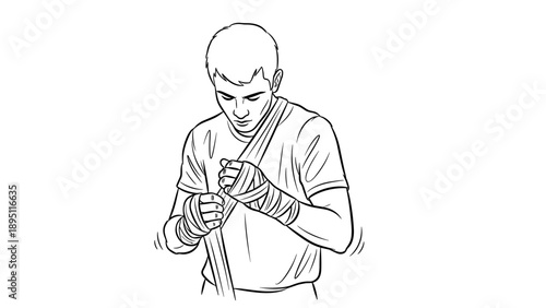 Boxer wrapping hands: preparation and focus in minimalist line art