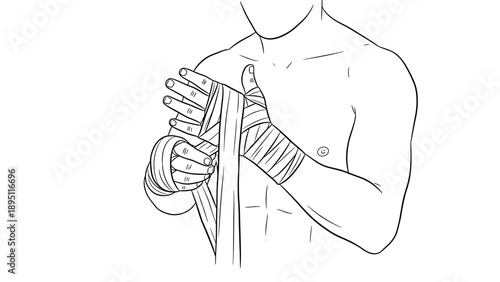 Boxer wrapping hands in line art for training and fitness