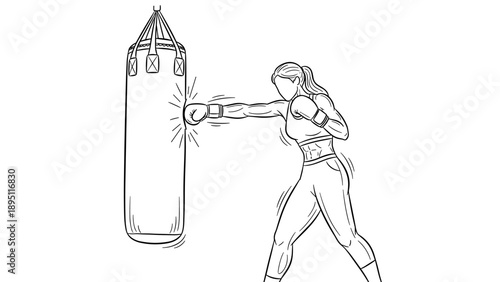 Dynamic line art of female boxer training with punching bag