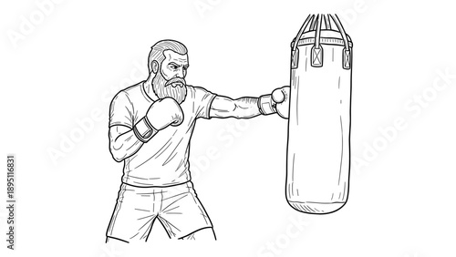 Boxer with beard training on punching bag in black and white sketch