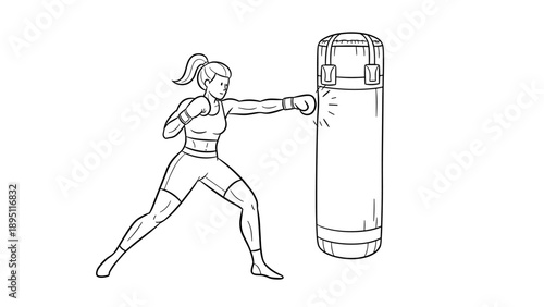 Female boxer training with punching bag in outline style