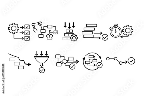 Workflow and process linear icon set for efficient business operations