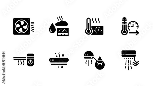 Climate control icons set: temperature, humidity, air conditioning symbols in black