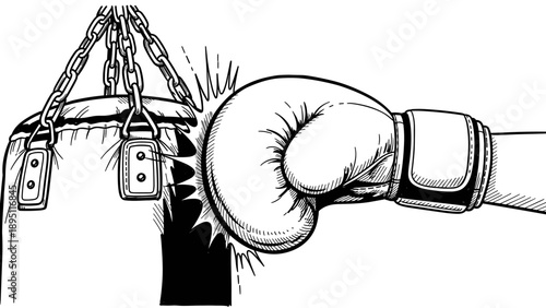 Boxing glove punching heavy bag in hand drawn style