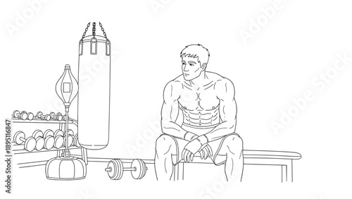 Linear style gym scene with resting athlete in minimalist workout setting