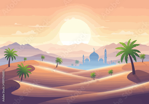 Sunrise over desert landscape with mosque and palm trees