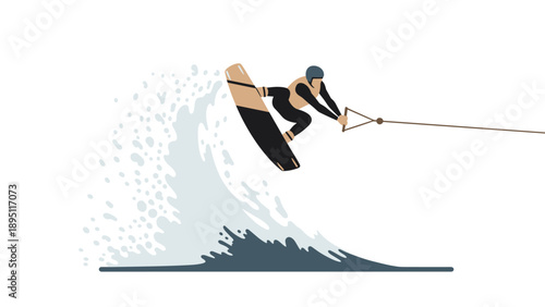 Wakeboarding adventure: dynamic jump over wave in modern flat design
