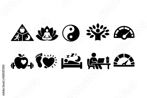 Health and wellness solid icon set. Fitness, meditation, sleep, nutrition symbols.