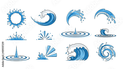 Dynamic water wave and splash set: blue fluid motion elements for creative design