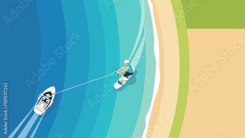 Aerial view of wakeboarding adventure on vibrant beach waters