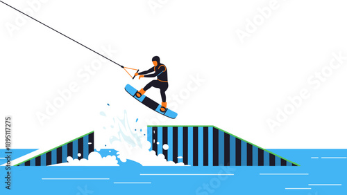 Wakeboarding adventure over ramps with splashing water in minimalist style