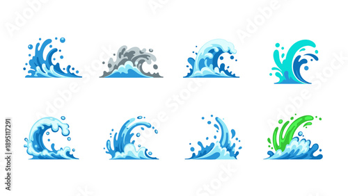Dynamic ocean wave icons set in cartoon style
