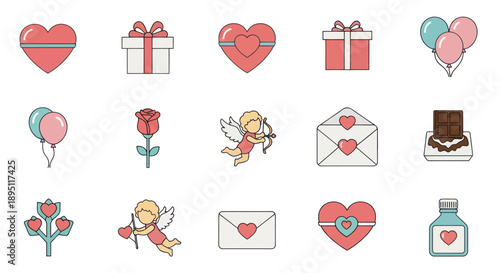 Valentine's Day Icons: Hearts, Gifts, Balloons, Rose, Cupid, Envelope, Chocolate