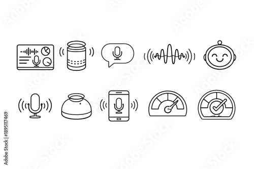 Voice assistant outline icon set. Smart home, technology, communication icons