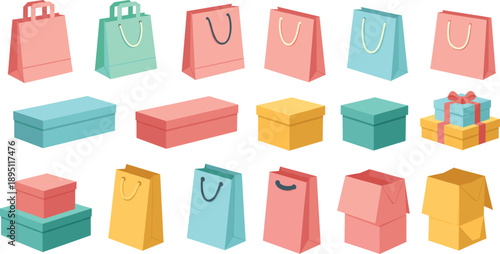 Shopping bags and gift boxes packaging collection pastel flat vector illustration set for retail design