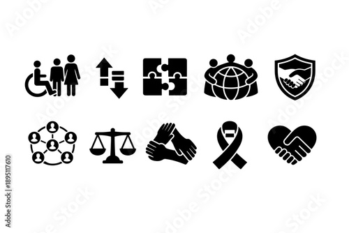 Diversity and inclusion solid icon set. Unity, community, equality symbols collection