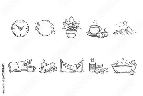 Wellness and relaxation outline icon set. Spa, meditation, self-care icons collection